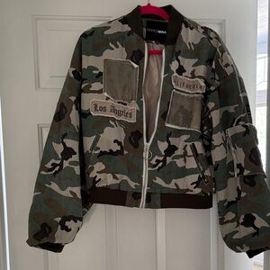Fashion Nova Green Camo Patch Bomber Jacket